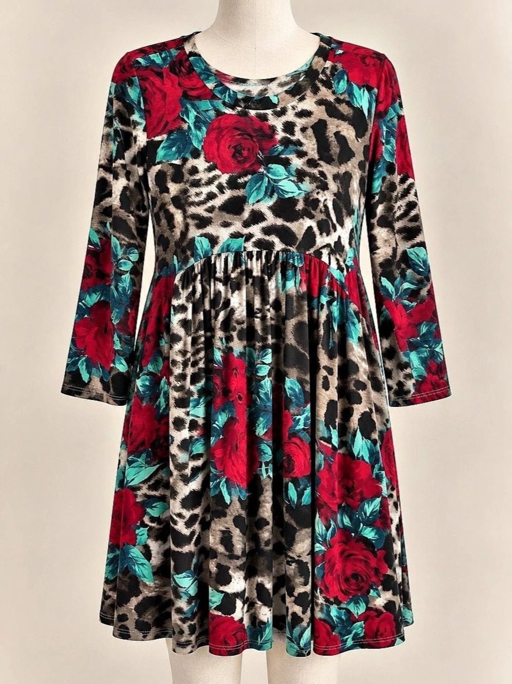 HoneyMe Dress L Leopard Red Rose Floral Empire Waist 3/4 Sleeve Stretch